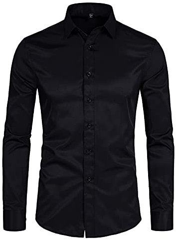 DELCARINO Men's Long Sleeve Button Up Shirts Solid Slim Fit Casual Business Formal Dress Shirt Black Medium