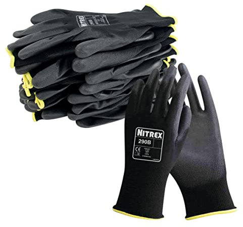 NITREX 290B - Guantes de trabajo y seguridad, 10 pares de guantes de manejo general negros con revestimiento de palma de poliuretano, talla 6, extra pequeños