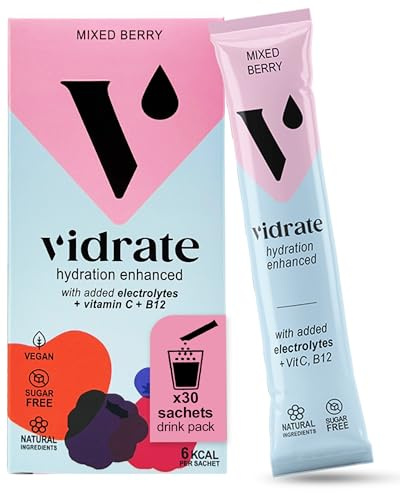 Vidrate Electrolytes Powder - Hydration Sachets Packed with Vitamins - Zero Sugar Rehydration Sachet with No Artificial Sweeteners & Preservatives - Mixed Berry Large Pack, 30 Electrolytes Sachets