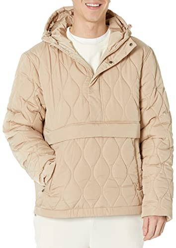 Amazon Essentials Men's Anorak Hooded Quarter-Zip Puffer Coat, Tan, Large