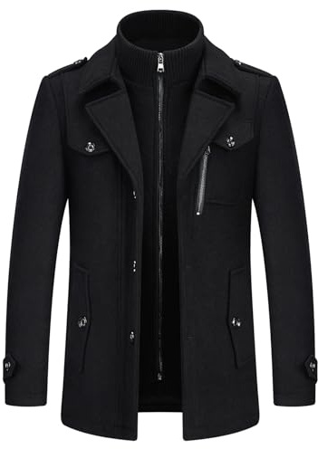 KUDORO Men's Winter Coat Warm Padded Casual Overcoat With Removable Collar | Wool Blend Casual Business Thick Peacoat Mid-Length Jacket with Multi Pockets Dual-Layer Knit Mock Neck Outerwear