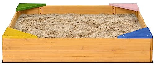 Outsunny Bac à Sable carré en Bois pour Enfants 4 sièges d'angle et Film Protecteur 109 x 109 x 19,8 cm Bois Naturel