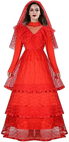 LIKUNGOU Disfraz de Novia Lydia para Mujer, Vestido Rojo de Encaje Gótico con Velo Nupcial Halloween Traje de Cosplay (XXL)