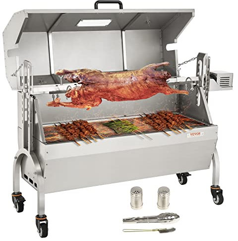 VEVOR Kolgrill med elektrisk spett, belastning 60 kg 4 varv/min, kolgrill, grillning, 104 x 38 cm, högjusterbart glasfönster för stekning av gris lamm