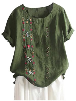 Donna Camicia Casual in Lino Camicia in Cotone e Lino Donna Maniche Corte Girocollo Taglie Forti Maglietta Ampia Elegante Estiva Stampa Floreale Moda Casual Camicie Bluse Tunica Top Tee T-Shirt