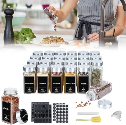 UISEBRT Lot de 12 pots à épices carrés I Boîtes à épices avec étiquettes I Bocaux à épices en verre I 120ML I Conservation hermétique avec insert à saupoudrer, entonnoir, brosse de nettoyage