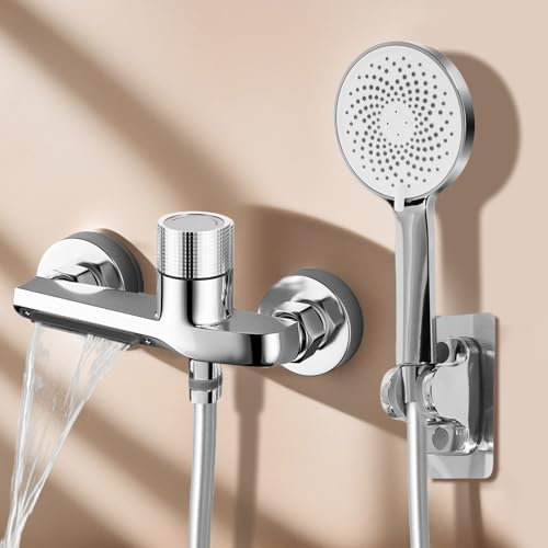 Eumatenova Mischbatterie Badewanne Wasserhahn, Badewannenarmatur mit Handbrause, Wannenarmatur mit Brause Duschkopf 3 Funktionen, Messing Duscharmatur Wasserhahn Badewanne Set für Bad Dusche(Chrom)