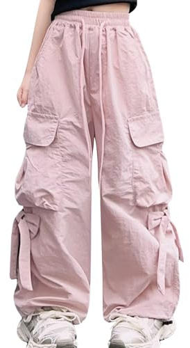 SEAUR Pantaloni cargo da ragazza, pantaloni per il tempo libero baggy hip hop con elastico in vita e fiocco, leggeri, sottili, pantaloni estivi con 4 tasche, streetwear per bambini 5-14 anni, Colore