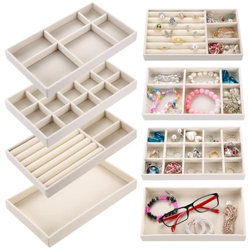 4 Pcs Jewellery Trays, Jewellery Organiser Tray Storage Display Tray, Velvet Stackable Jewelry Trays for Drawer Vanity Wardrobe Jewelry Earring Ring Bracelet Necklace Organiser, Women Gifts (Beige)
