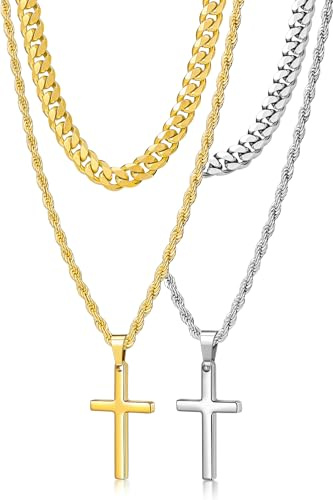 Romass 4Pcs Cross Necklace for Men Teen Boys,Stainless Steel Chains for Men Layered Necklaces Silver Gold Black Pendant Jewelry Box Gifts 18-24 Inches