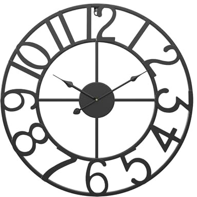 TAOZHUGONG Vintage metall vardagsrum väggklockor, arabiska siffror väggklockor, svart metall rund väggklocka, stor väggklocka i vintagestil för sovrum kök kontor (svart – 40 cm)