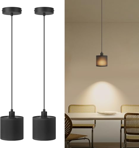 Klighten 2 Stück Pendelleuchte E14, Hängelampe Höhenverstellbar, Hängeleuchte Modernes Design, Einfach Pendelleuchte Stoff für Esstisch Schlafzimmer Küche, Max 60W, ohne Leuchtmittel, Schwarz