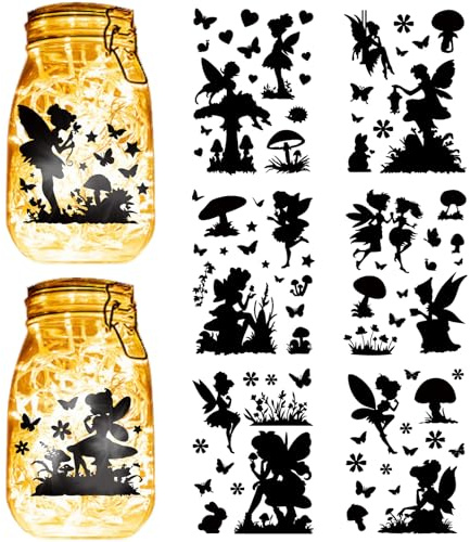 CREATCABIN 6 Sheets 6 Styles Mason Jar Fairy Stickers Laser Cut Fairy Silhouettes Angel Waterproof PVC Laser Cutouts Decals Scrapbook Cardboard for Jars Lantern Frosted Window Glass Decor 5.9x7.8 Inch