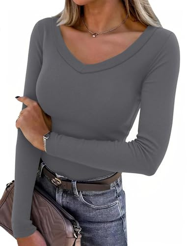 Aottori T Shirt Femme Col V Manches Longues Coupe Décontractée Mi Saison | Tissu uni, col V avec manches longues, coupe décontractée, adapté au quotidien travail ou loisirs, au bureau comme en ville