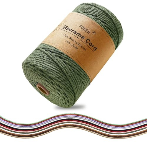 FOSER Fil de coton macramé de qualité supérieure 3 mm × 200 m, pour bricolage, décoration, artisanat, décoration murale bohème, vert foncé