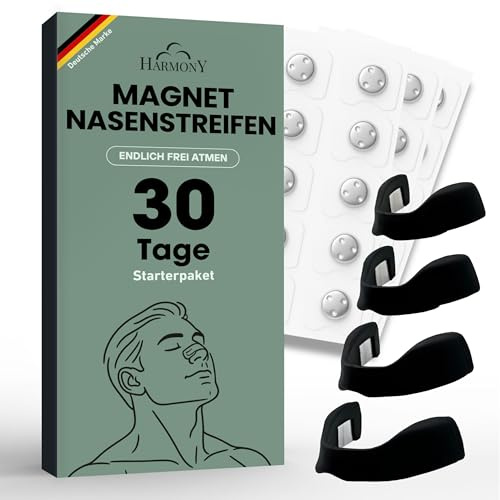 HARMONY® Nasenpflaster Magnet (30 TAGE) Magnetische Nasenstrips gegen Schnarchen, Besser schlafen mehr Luft, Starker Halt, Nose Strips Schnarchstopper hautverträglich schwarz (Starter Kit 30 Tage)