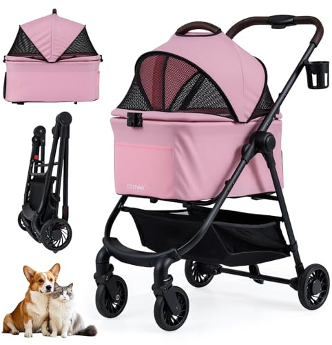 COSTWAY Pet Stroller, 3 in 1 Folding Dog Pram with Detachable Car Seat Carrier, Adjustable Canopy, Storage Basket, Cup Holder, Safety Leash, Travel Pushchair for Dogs Cats (Pink)