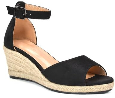 Womens Espadrille Wedge Sandals Ladies Faux Suede Peep Toe Ankle Strap Ladies Low Mid Heel Shoes Size 3-8