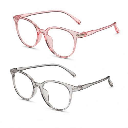 Mistillion 2 Pack Blue Light Blocking Glasses, Clear Lens Anti-Blue Light Glasses, Lightweight Round Frame for Screen Use, Grey & Pink