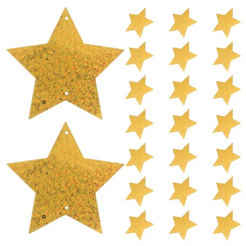 KICHOUSE 100 st. glitterstjärnutskärningar med hål - 2,76 femuddiga stjärnor med konfetti, väggdekorationer för examen, klassrum, filmkväll, anslagstavla, dekoration (guld)
