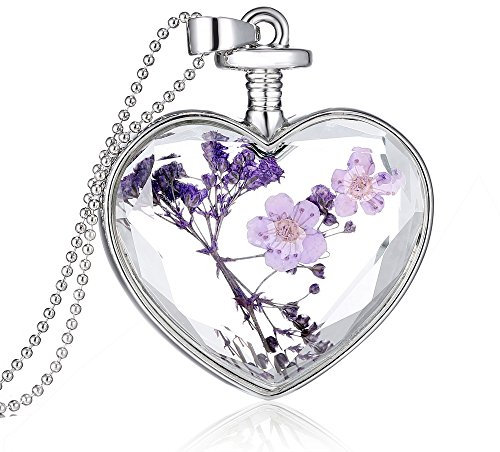 Feilok Classic Heart-Shaped Transparent Crystal Women Chain Long Pendant Necklace with Lavender Dried Flower…
