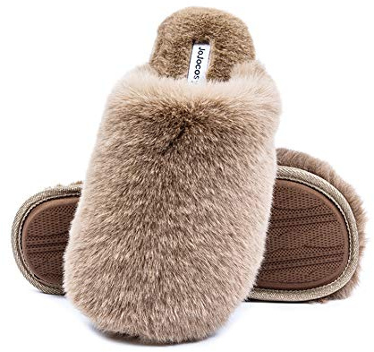 JOJOCOSY Densely Long-haired Lady’s Comfy Fuzzy Memory Foam Scuff Women’s Warm Plush Closed-Toe Comfortable Slippers（Mocha,Large