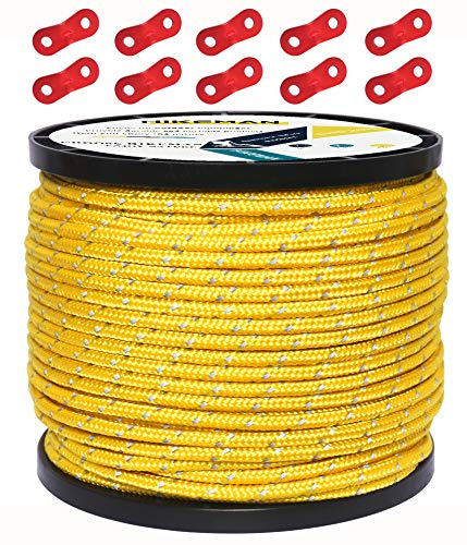 HIKEMAN 50 m reflekterande sladd, kille-rep, utomhus, tält guiderep, 100% nylonsladd, vindlinje med 10 st spännare av aluminiumlegering för camping (gul, diameter 4 mm)