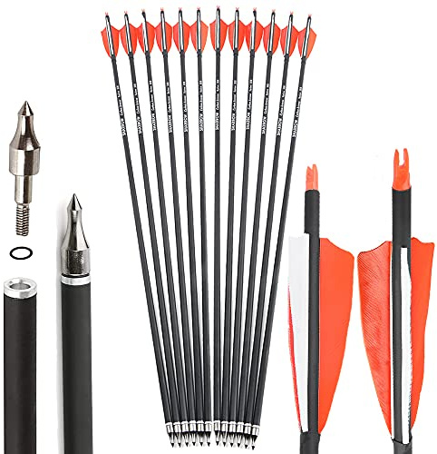 SHARROW 32 Pulgadas Flechas de Carbono Spine 500 Flechas de Caza Flechas para Adultos con 4 Plumas Naturales para Arcos y Flechas Práctica Puntería para Arco Compuesto Arco Recurvo (Naranja, 6P)