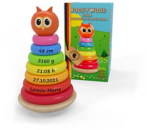 WoodyWood® - Personalisierter Eulen-Stapelturm aus Holz für Baby und Kinder ab 1 Jahr, 10-teilige Pyramide zum Stapeln, Stapelturm zur Förderung der Motorik und der Konzentration, Holzspielzeug