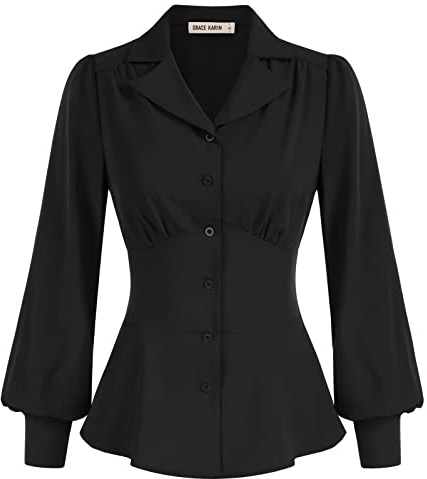 GRACE KARIN Black Long Sleeve Tops for Women Button Down Business Casual Peplum Blouse Solid Color Slim Fit Retro Collared Top Black XL