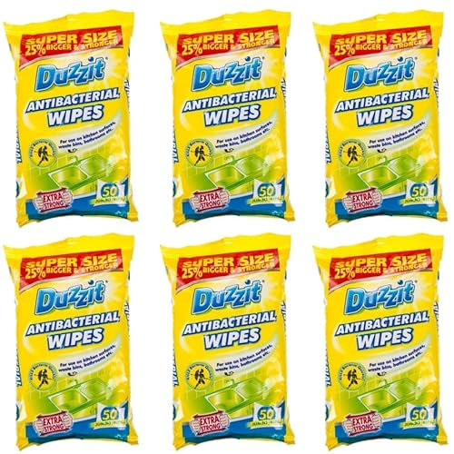 6 x 50 Pack Duzzit Anti Bacterial Wipes Safe For Kitchen Surfaces, Bins And Bathrooms