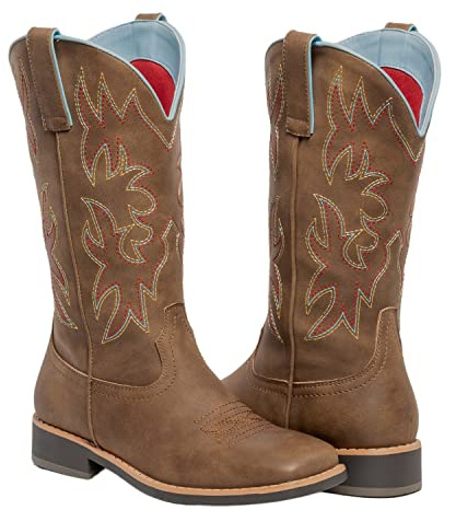 SheSole Womens Cowboy Boots Square Toe Mid Wide Calf Ladies Cowgirl Boots Brown Tan Boot