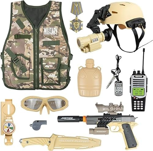 RedCrab Costume da Soldato Bambini, 12 Pezzi Costume Militare Bambino Soldato Vestito Militare con Walkie-Talkie, Gilet Militare e Casco, Ruolo Giocare Carnevale Costume Bambini Regalo