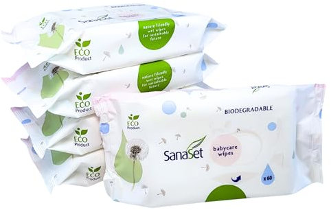 SanaSet Baby Feuchttücher - sanftes Toilettenpapier/Spucktücher mit Aloe Vera, Kamille & Olivenöl für empfindliche Haut - biologisch abbaubar, nachhaltig aus 100% Naturfasern (300 Stk (5er Pack))