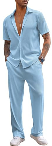aromm Hombre 2 Piezas Trajes Casuales Manga Corta Camisa Abotonada & Drawstring Pantalón Suave Verano Traje Azul, L