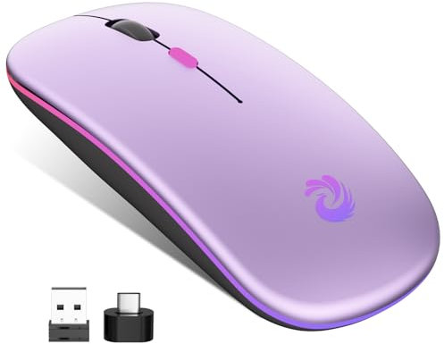 BQSS Maus Kabellos, 2,4 GHz mit USB-Empfänger, 1600 DPI Optical Tracking, Quiet Clicks, Wiederaufladbare LED Mouse für Laptop, PC, Mac, Android, Windows, Office Home(Helles Lila)