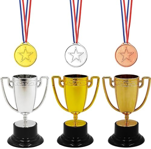 HAOBIN 6 Piezas trofeos de medallas Set 3 Piezas Plástico medallas ganadoras 3 Piezas Trofeo de plástico Mini Trofeo de plástico Adecuado para Fiestas de cumpleaños,Fiestas Deportivas Escolares