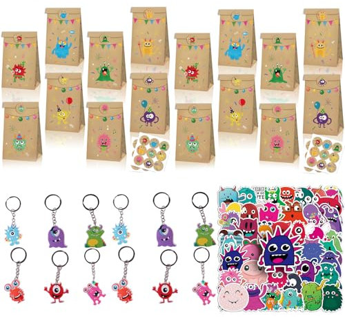 74PCS Set Di Regali Per Festa Del Mostro, Bomboniere Per Festa Di Compleanno Dei Bambini, Con Sacchetti Regalo Adesivi Portachiavi Per Bambini Per Regali Di Compleanno
