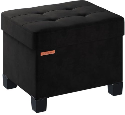 ABHENG Sitzhocker mit Stauraum, Aufbewahrungsbox aus Samt mit Beinen, Bettbank Schlafzimmer, kleine klappbare Sitzbank, Fußbank, bis 200 kg belastbar, 32 x 40 x 33,5 cm, Tinte Schwarz, ASND21B
