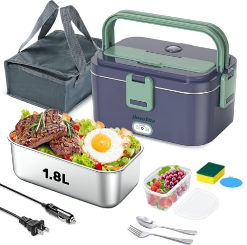 Dosevita Scaldavivande Elettrico Portatile 80W 3 in 1 per Auto Camion e Ufficio 1,8L Scaldavivande Porta Pranzo con Spazzola di Spugna Forchetta e Borsa (Blu Royal)