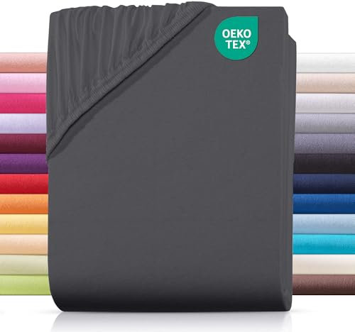 Carpe Sonno® Jersey Spannbettlaken 130x200cm Baumwolle | Laken Anthrazit mit Einlaufschutz Bügelfrei Matratzenbezug bis 22cm | Bettlaken 130x200 Baumwolle | Leintuch 130x200 | Spannbetttuch 130 x 200