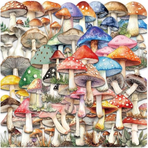 50pcs Autocollants Champignons Transparents, Autocollants Champignons Vintage Autocollants Pet Imperméables Pour Scrapbook Journaling Album Photo Carte De Collage Autocollants Agaric Colorés Nature