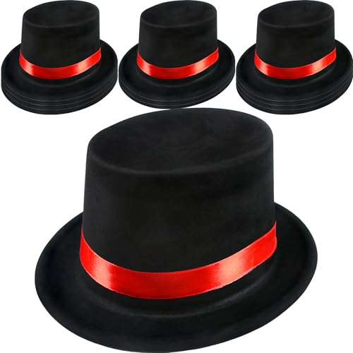 SGBETTER 12 Pack Kids Plastic Top Hats Black Top Hat with Red Band Glitter Magician Party Hat High Top Hat for Child Halloween Cosplay (Color Style 1 (PVC Flocking))