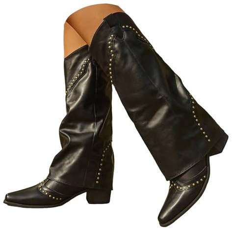 Xbemkste dam knähöga stövlar vintage nitar hög slip-on cowboystövlar med revers blockklack spets tå västerländska stövlar långa stövlar vattentät stövlar vinterstövlar