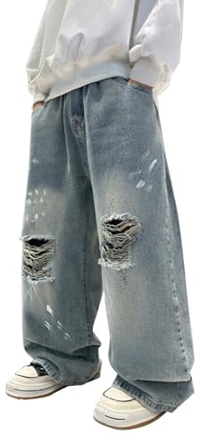 Ripped Boys Baggy Jeans Kids Wide Leg Straight Denim Pants Casual Elastic Waist Trousers with Pockets Youth Teen Loose Fit Comfy Vintage Distressed Trousers 2026 Streetwear Hip Hop Trendy Clothes
