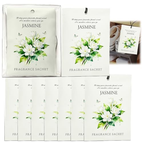 8 Pack Jasmine Scented Sachets,Long Lasting Wardrobe & Drawer Freshener,Closet Air Freshener Bags for Home,Room,Car,Cupboard,Cabinet & Storage,Natural Clothes Freshener Sachet for Fresh Smelling