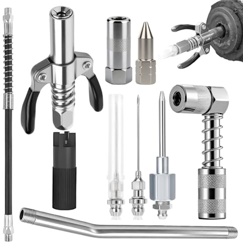 Hutglcfpy Embout Pompe a Graisse 10 Pcs–Coupleur Auto-Verrouillant Double Poignée, Embout à 90°, Flexible 30 CM et Accessoires–Compatible Manuels, Électriques et Pneumatiques