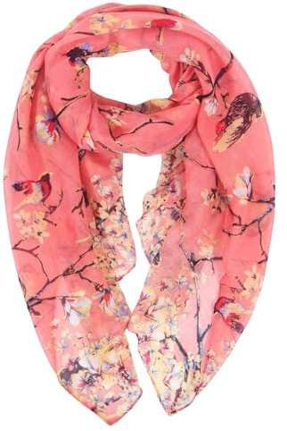 DiaryLook Women Lightweight Scarf Red Neck Scarf Gifts for Ladies Bird Long Scarves Fashionable Design Shawl Wrap, Coral