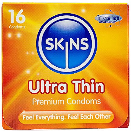 Skins Ultra Thin Premium Condoms – Ultra Thin for More Sensations, Natural Latex Without The Smell – Pack of 16