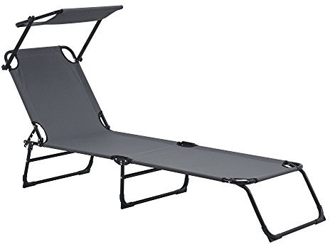 casa.pro Sonnenliege Lomeda Liegestuhl klappbar Relaxliege Strandliege bis 110 kg 187 x 53 x 27 cm Gartenliege mit Sonnenschutz Rückenlehne verstellbar Stahlgestell Dunkelgrau